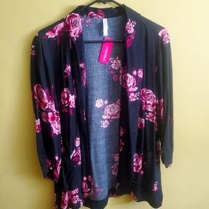 Light jacket kimono style . Navy blue and purple pink flowers.